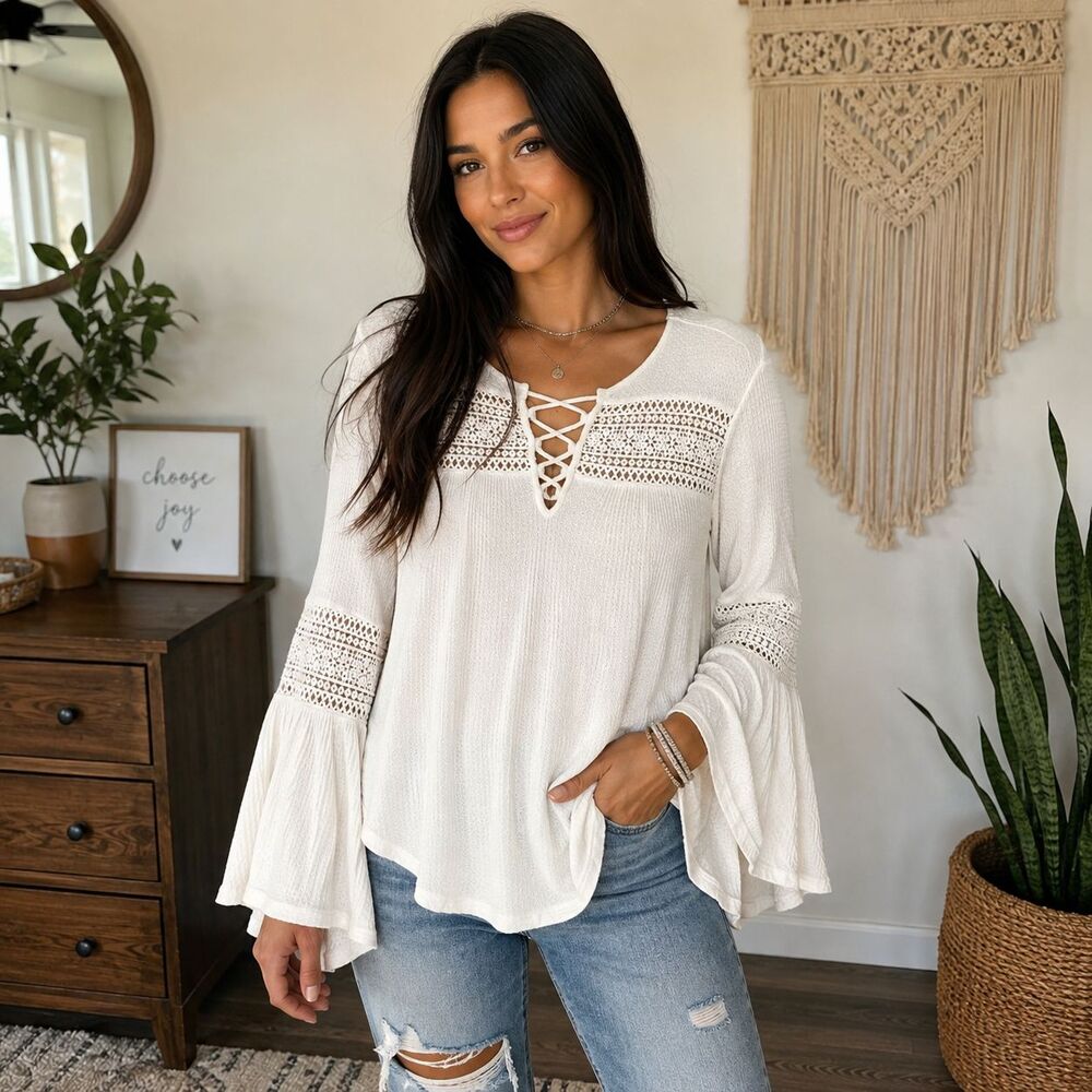 Megan Women’s Medium White Boho Lace Bell Sleeve Lace-Up Waffle Knit Top